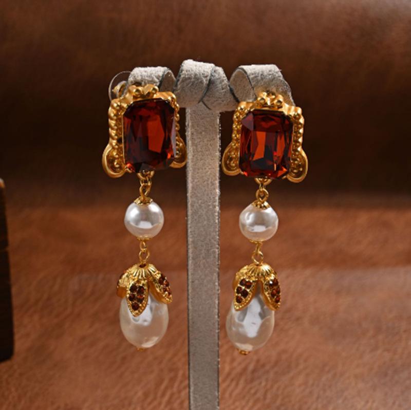 Vintage Baroque Rhinestone Earrings & Pearl Water Drop Necklace Set