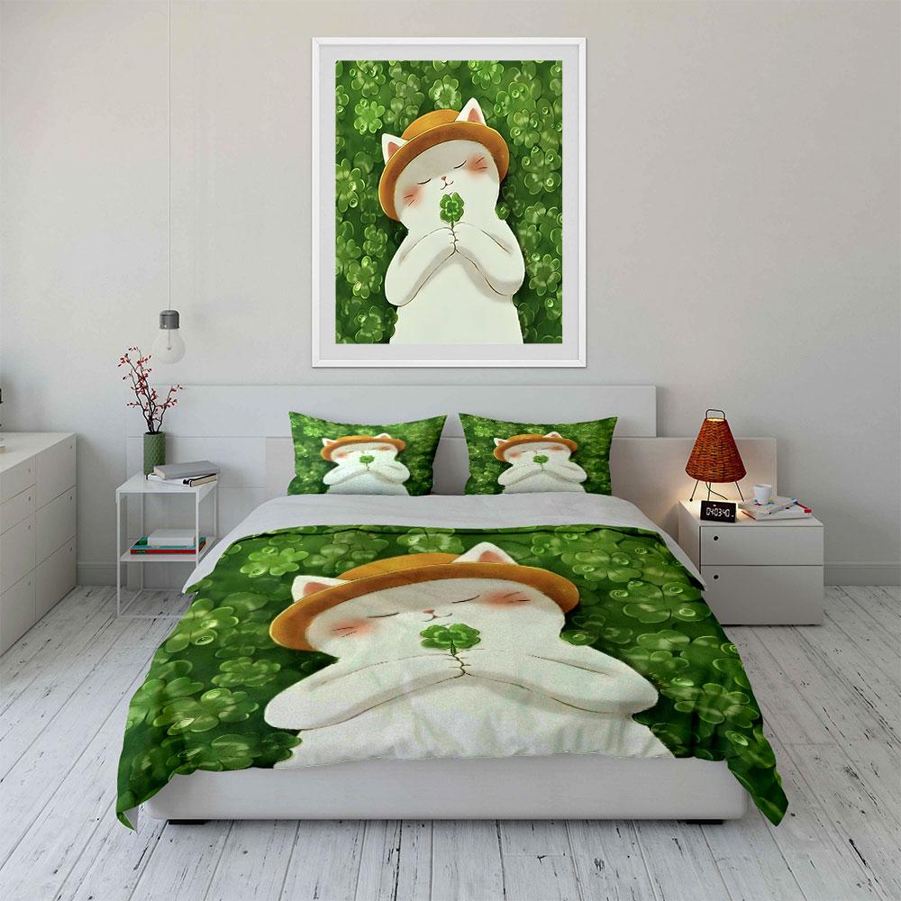 White Cat Holding Lucky Clover Printed Duvet Cover Set1 Duvet Cover+2 Pillowcasemulti Size Bedroom Bedding Decor Luxury Gifts