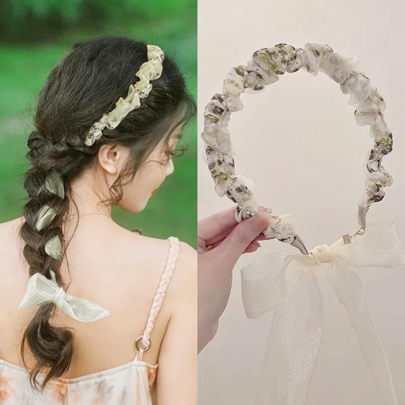 

Прессованная повязка на голову Forest Fairy Spirit Floral, повязка на голову, высококачественная сетчатая лента с жемчугом, плетеная повязка на голову мятный зеленый