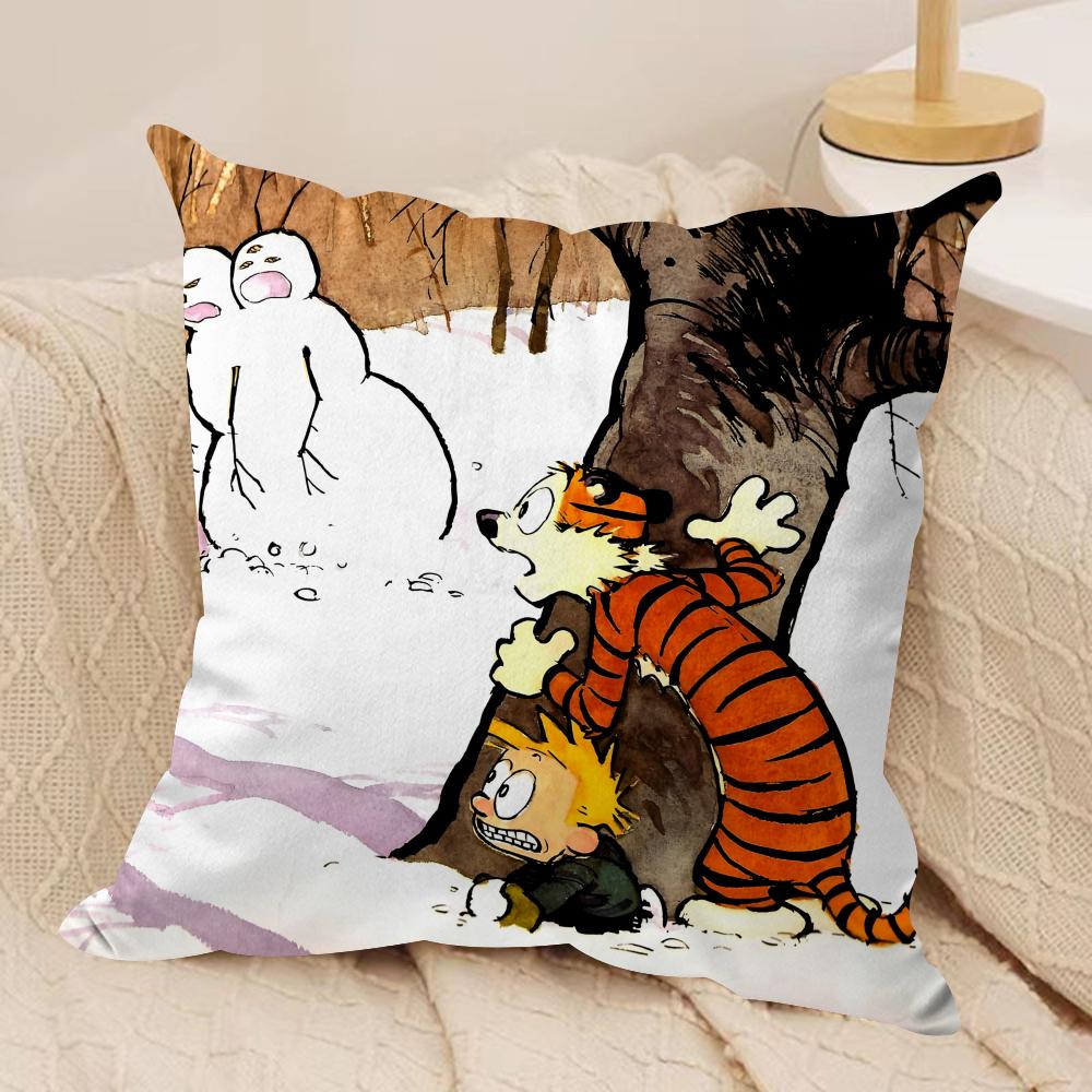 Cartoon CCalvin Hobbes Cute Cushion Cover Silky Short Plush Invisible Zipper Dustproof Sofa Pillow Case For Home Decor