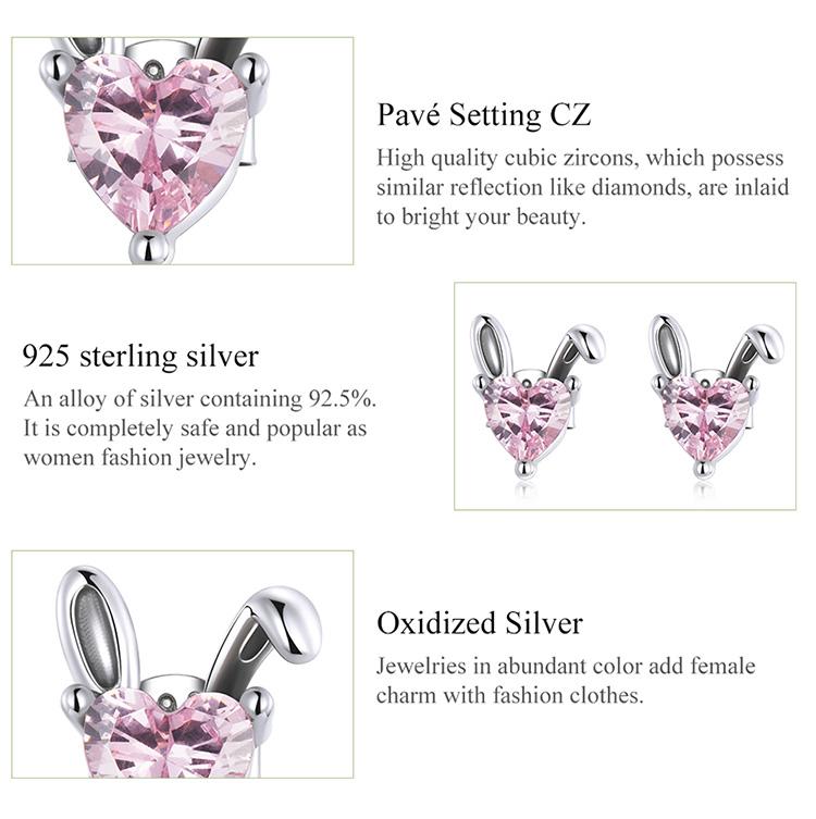 WOSTU Pendientes de plata de ley 925 con forma de orejas de conejo y liebre, con circonita y corazón rosa, para mujer.