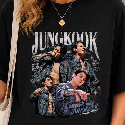 Vente Chaude T-shirt Unisexe Double Face Imprimé BTS Jungkook JK Bias Y2K Hip Hop Streetwear Gothique Coton Surdimensionné Lâche Confortable et Polyvalent