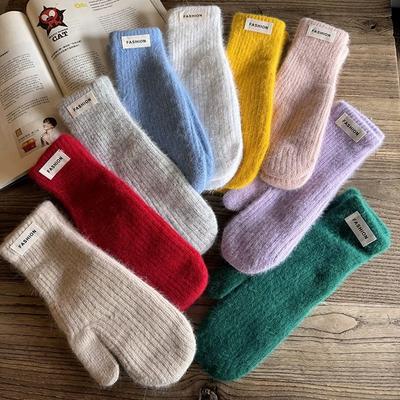 Solid Color Hand Knitted Woolen Gloves for Women In Winter New Style Plus Velvet To Keep Warm Windproof and Cold Proof  Student Riding Trend