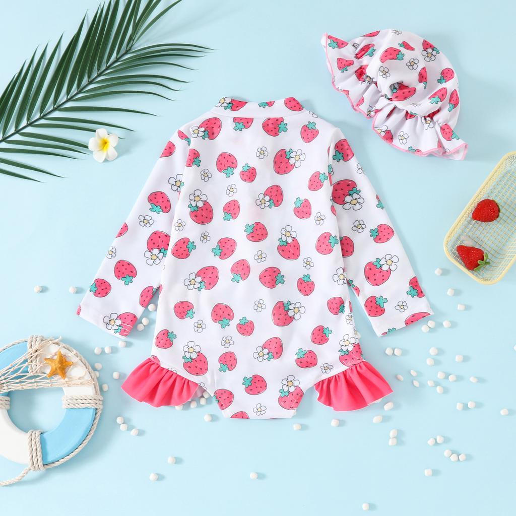 Baby Girl Swimsuit Long Sleeve One Piece Swimsuit + Hat Zip Up Ruched Lace Design Baby Girl 6M-3Y One Piece Swimsuit