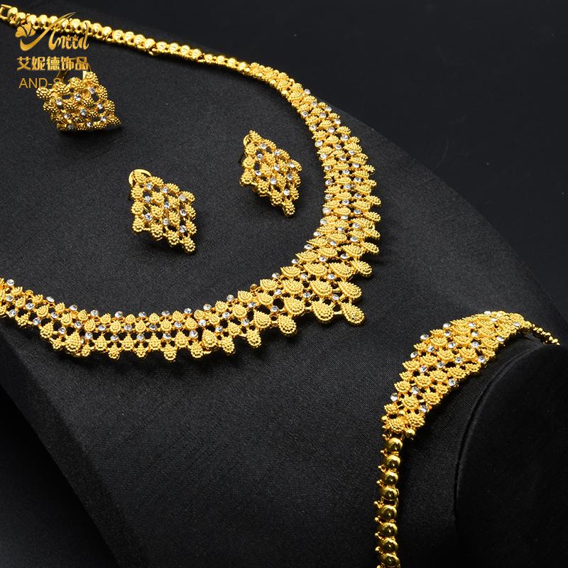 ANIID Dubai Schmucksets für Damen Mode Nigerianische Halskette Ohrringe 24K Goldfarbe Hochzeitsarmbänder Indische Ringe Braut
