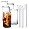 Drinking Glasses Cup with Glass Straw 4pcs Set Can Shaped For Beer Iced Coffee Whiskey Soda Tea Water with 2 Cleaning Brushes