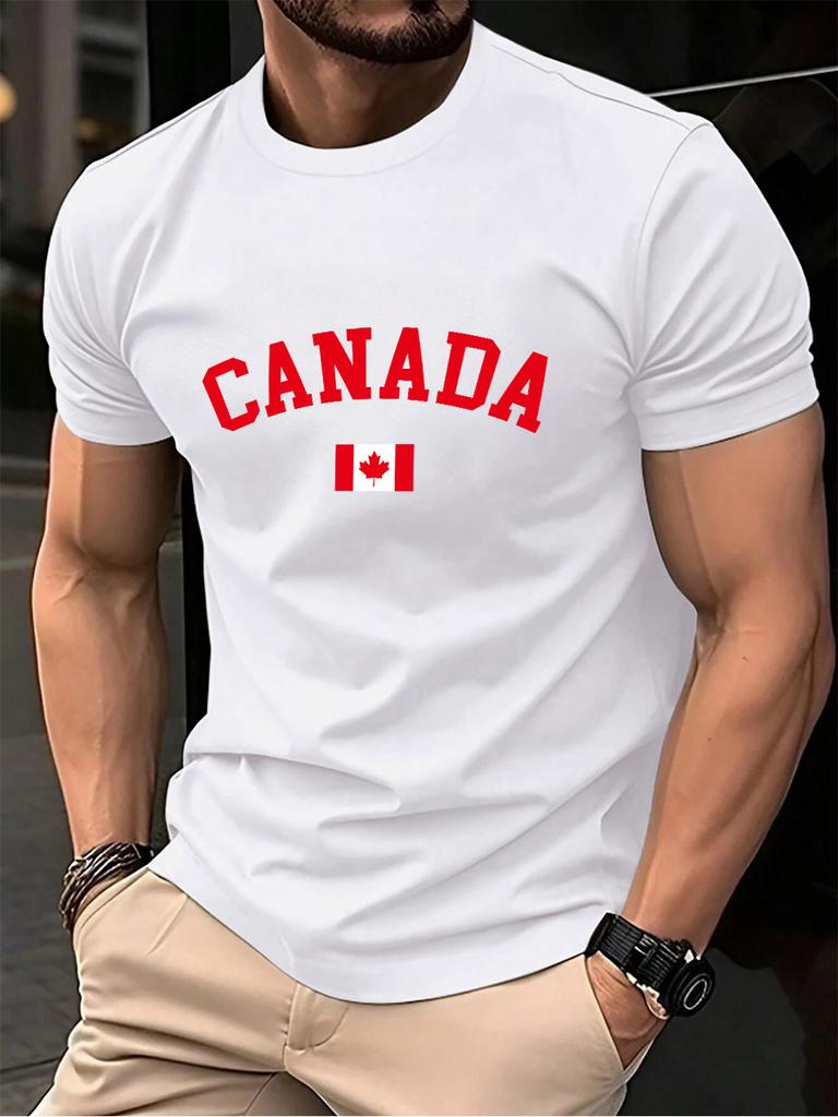 Kanada Text Med Flagga Tryckt Bomulls T-shirts HerrS Sommar Kortärmad T-shirt Mjuk Överdimensionerad Rundhalsad Toppar Grundläggande Herrkläder