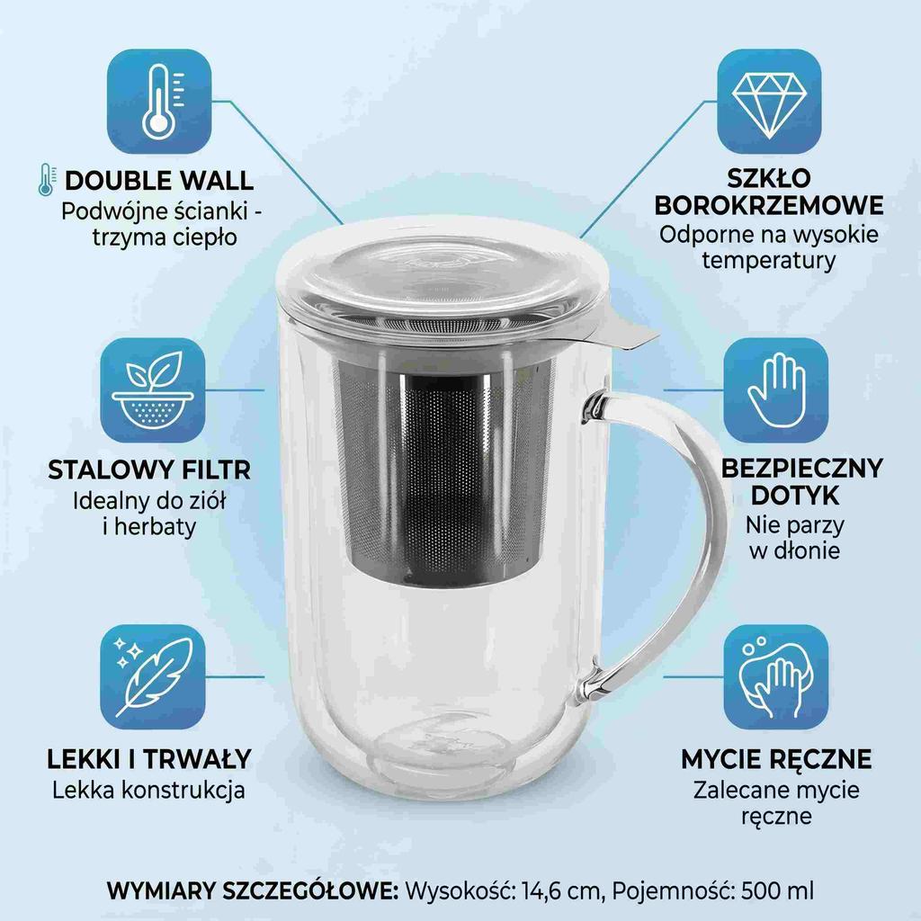 MUG INFUSIBLE FOR WINTER TEA AND HERBS THERMAL GLASS 500ml LID