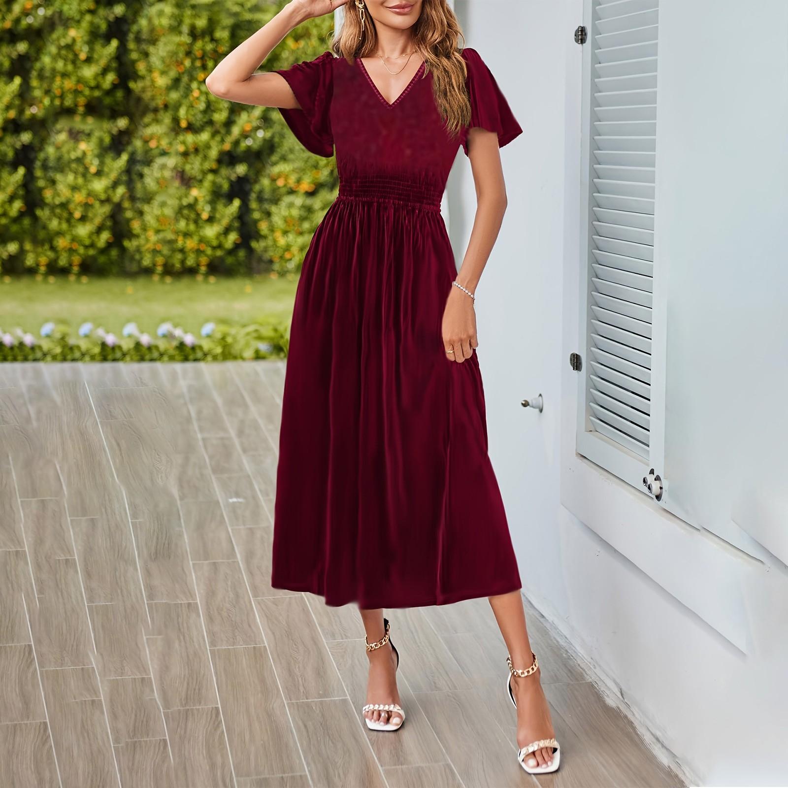 

Женское однотонное вечернее платье с коротким рукавом из сексуального корейского бархата с V-образным вырезом и эластичной талией XL винный