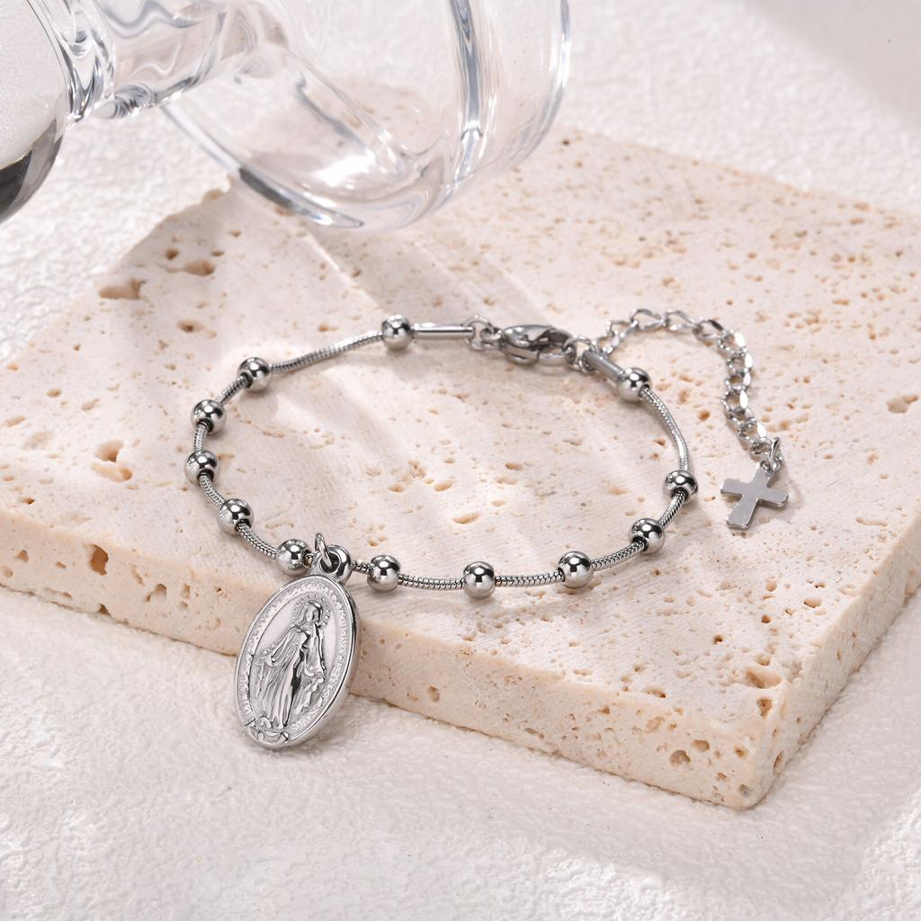 Rosary Bracelet Gold Plated Stainless Steel Religious Cross And Virgin Mary Prayer Bracelets Jewelrygifts For Women Girls