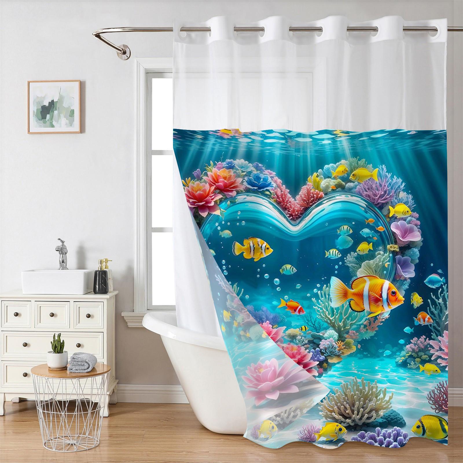 

No Hook Beach Fishes Pattern Shower Curtain With Snap-In Fabric Liner, Sheer Top Window, Waterproof Double Layer Bathtub Curtain W60H190(CM)-1 Pcs
