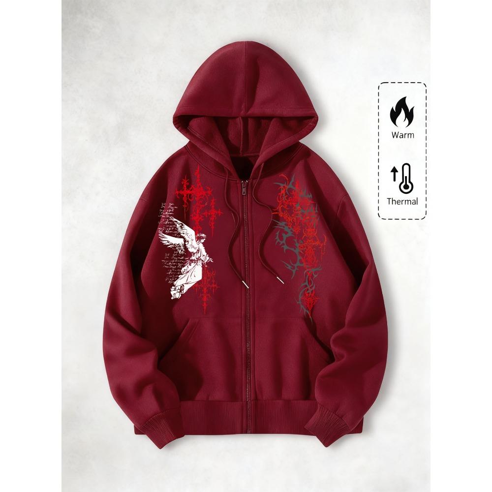 

Худі на блискавці в темному стилі коледжу з принтом ангела та кольоровими штрихами, модне вуличне худі на блискавці, підходить для повсякденних випадків M