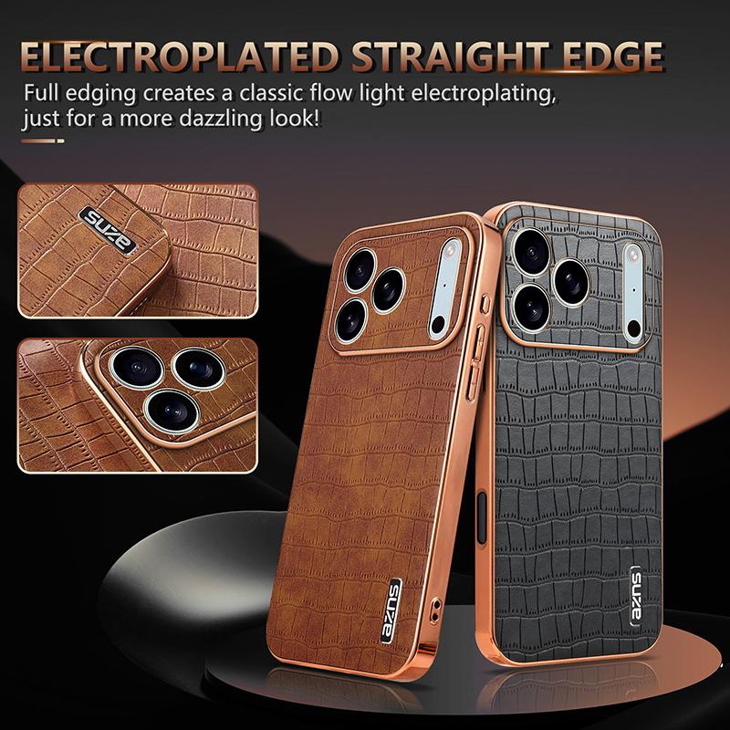 Luxury Skin Feel Crocodile Pattern Electroplated Frame Phone Case for iPhone 17 Pro Max 16 Plus 15 14 13 12 Shockproof Cover