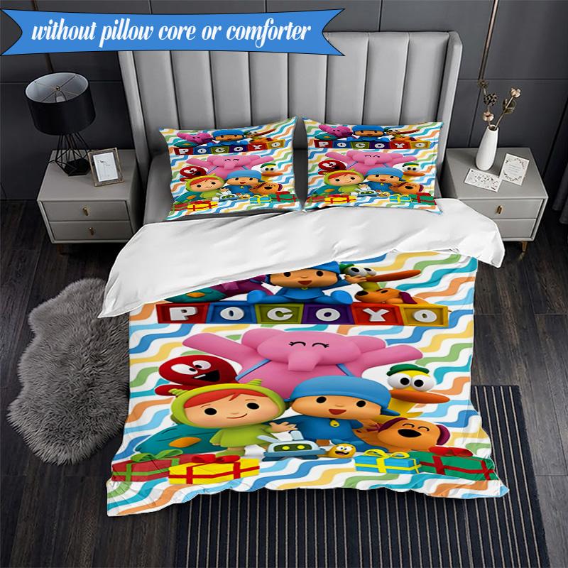 3-teiliges Pocoyo's Buntes Abenteuer Bettwäsche-Set 2D-Druck (Enthält 1 Bettbezug + 2 Kissenbezüge Ohne Füllung), Schlafzimmerdekoration, Ventilatorgeschenk