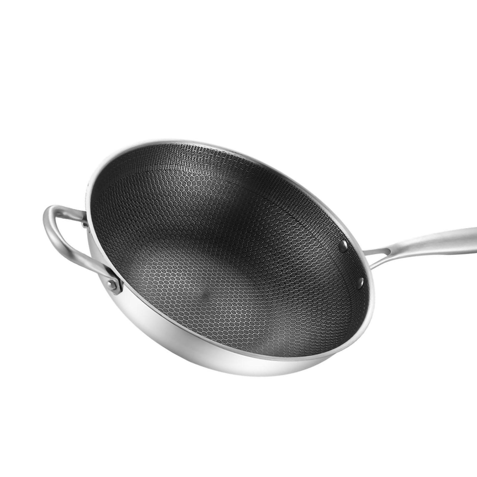 

Сковорода-вок из нержавеющей стали с двухсторонним сотовым узором, 3 слоя, предотвращает прилипание, легко очищается. 32cm/12.6in (No Lid and with Ears)