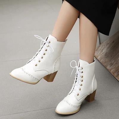 Mode Mode Brogue Uitgesneden Bruin Zwart Wit Vetersluiting Hoge Hak Combat Biker Enkellaarsjes voor Dames Booties Damesschoenen 43