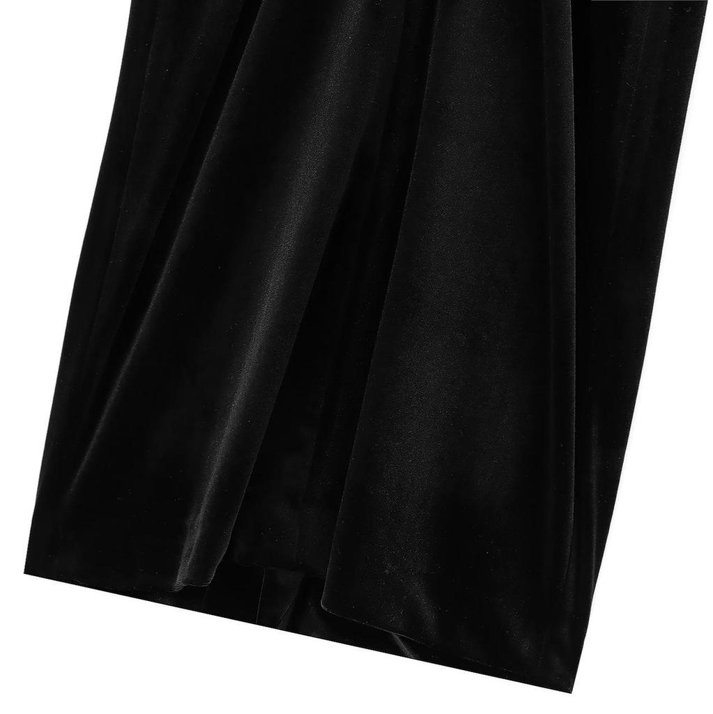 European & American Style Sleeveless Velvet Slimming Long Dress with Pleated Waist and Button Accents
