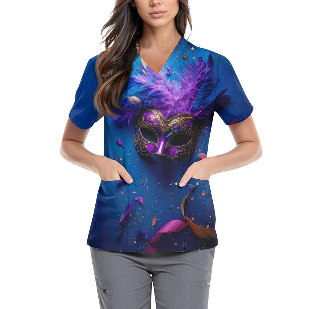 Women's  Carnival Themed Outfit Party Mask Pattern Caregiver Top
