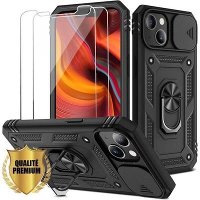 Puzdro pre iPhone 13 - Čierne - Pevné - Nárazuvzdorné - Držiak s krúžkom - 2 Tvrdené sklá