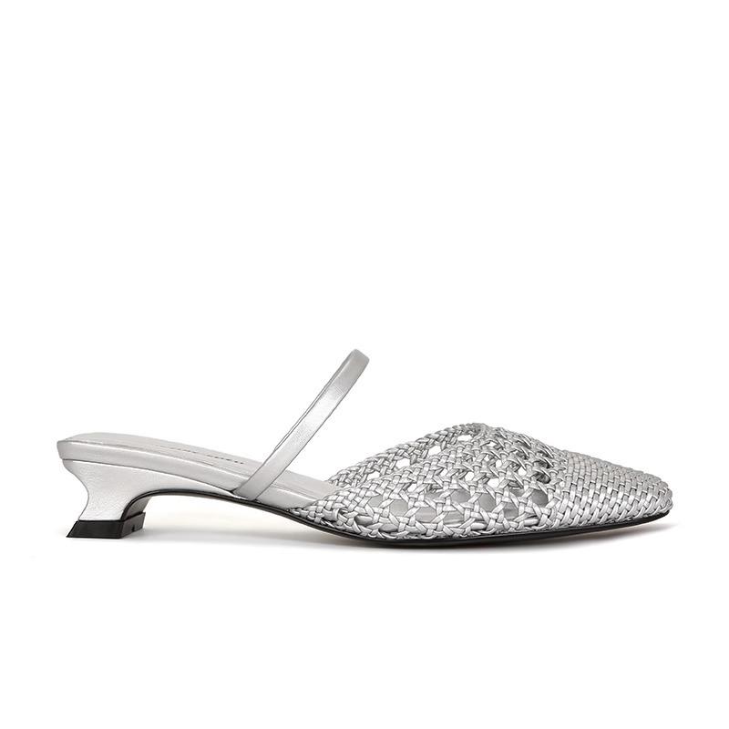 Sheepskin Version~ Hollow One-word Woven Thick Heel Half Slippers Women's Shoes Sandals Outer Wear