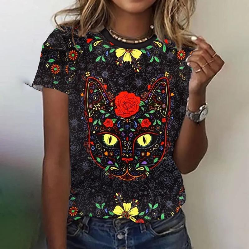 Summer O-Neck Short Sleeve Women's T-Shirt 3d Printed Black Cat Pattern T-Shirt Pullover Top Fashion Street Female Clothing 2024