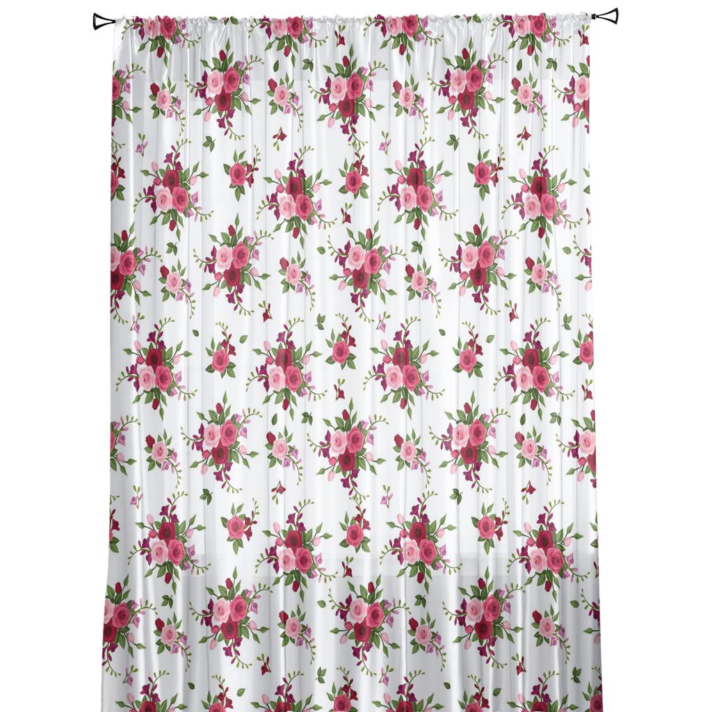 Vorhänge mit rotem Blumen- und Pflanzenmotiv, drapieren, transparenter Tüll, Heimdekoration, Wohnzimmer, Schlafzimmer, Cortinas, Chiffon-Fenstervorhänge