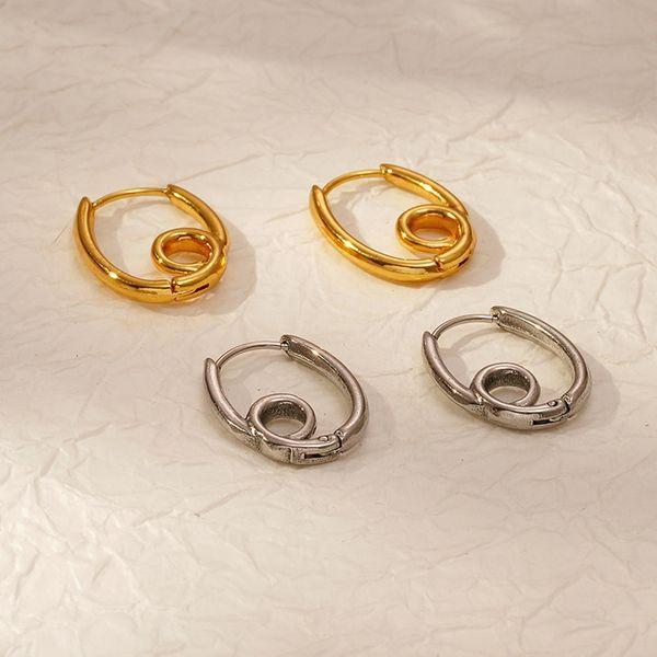 INS European and American fashion geometric oval stainless steel ear buckle women's trend plated 18K gold knotted personalized earrings