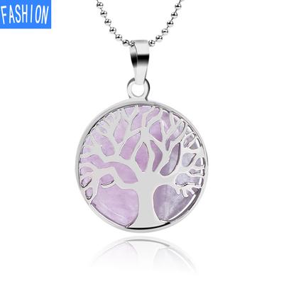 Náhrdelník s přívěskem z přírodního kamene Vyhloubený kulatý náhrdelník se stromem života Ametyst
