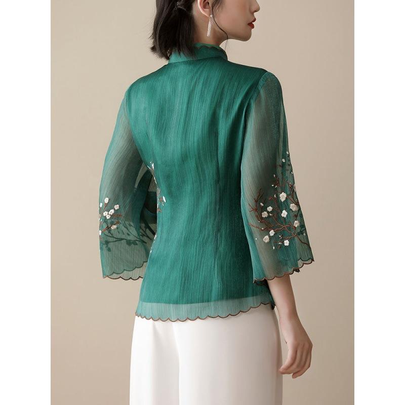 Blusa Ricamata Stile Cinese Cheongsam Modificato Colletto alla Coreana Manica a Pipistrello Top Largo Vintage Temperamento Abbigliamento da Donna