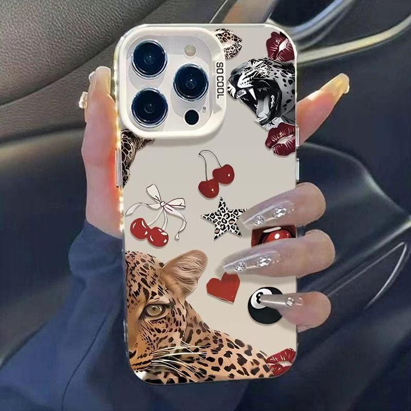 Luipaard Kers iPhone Hoesje voor 13, 14, 15 Pro, 16 Pro & 17 - Europese/Amerikaanse Stijl High-end Ontwerp