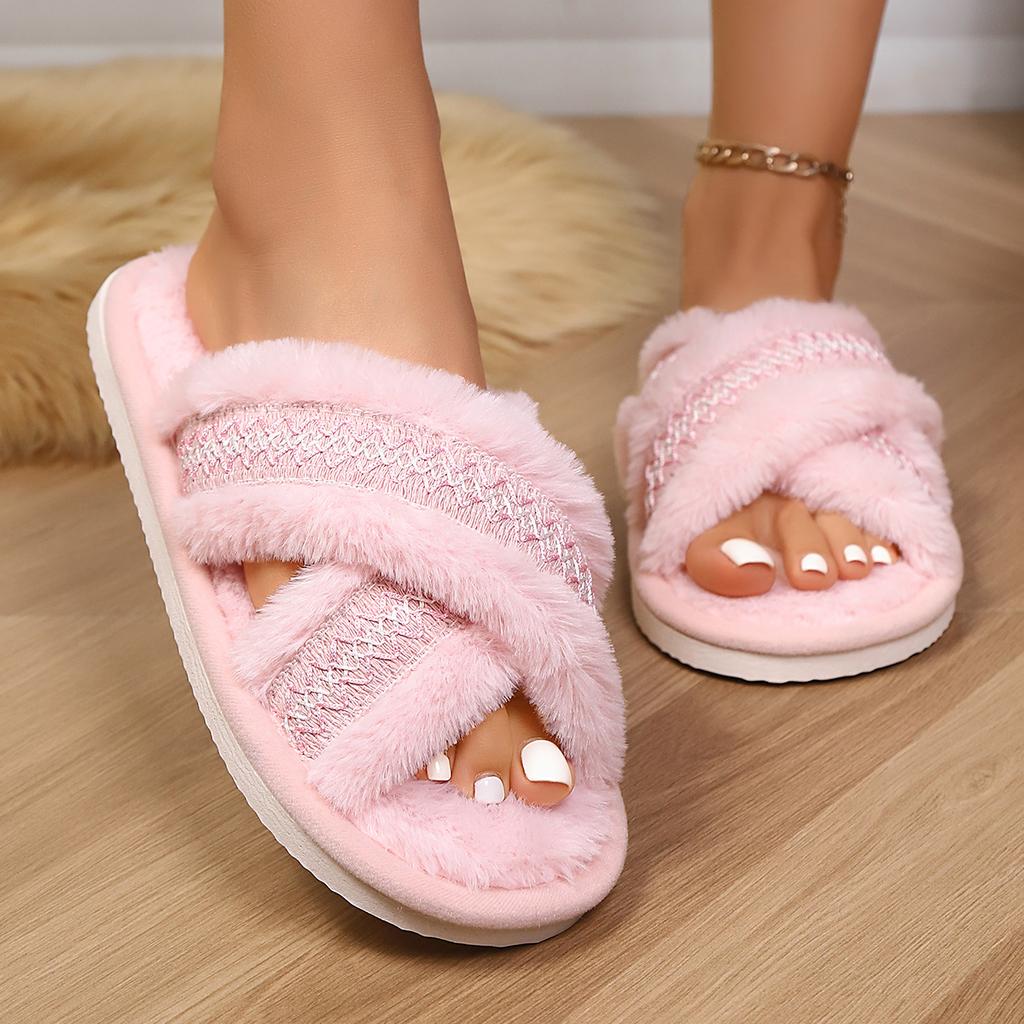 Ev Terlikleri, Rahat ve Sıcak Açık Burunlu Yumuşak Peluş Ayakkabılar, Düz Renk İç Mekan Zemin Terlikleri