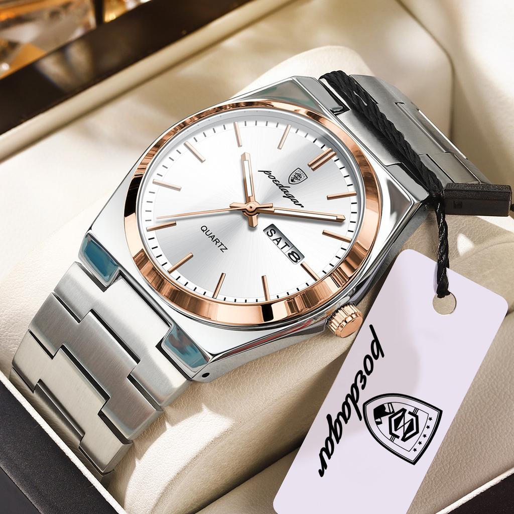 POEDAGAR Luxury Casual Man Wristwatch Waterproof Stainless Steel Luminous Men Clock Date Week Fashion Quartz Men's Watches Reloj
