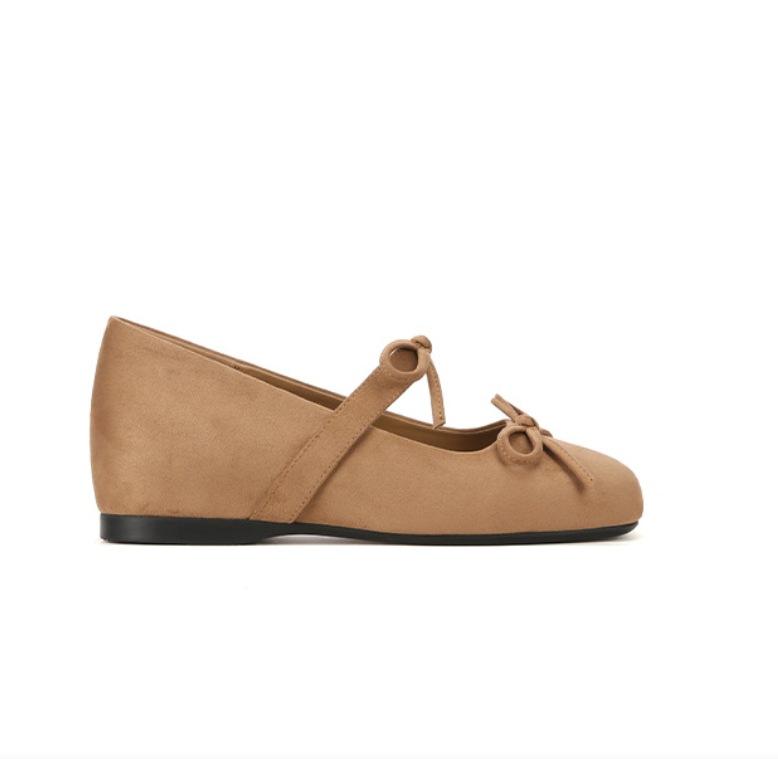 Sheepskin~ 4cm inner height increase shoes square head ballet flats women's shallow mouth versatile French bow Mary Jane shoes