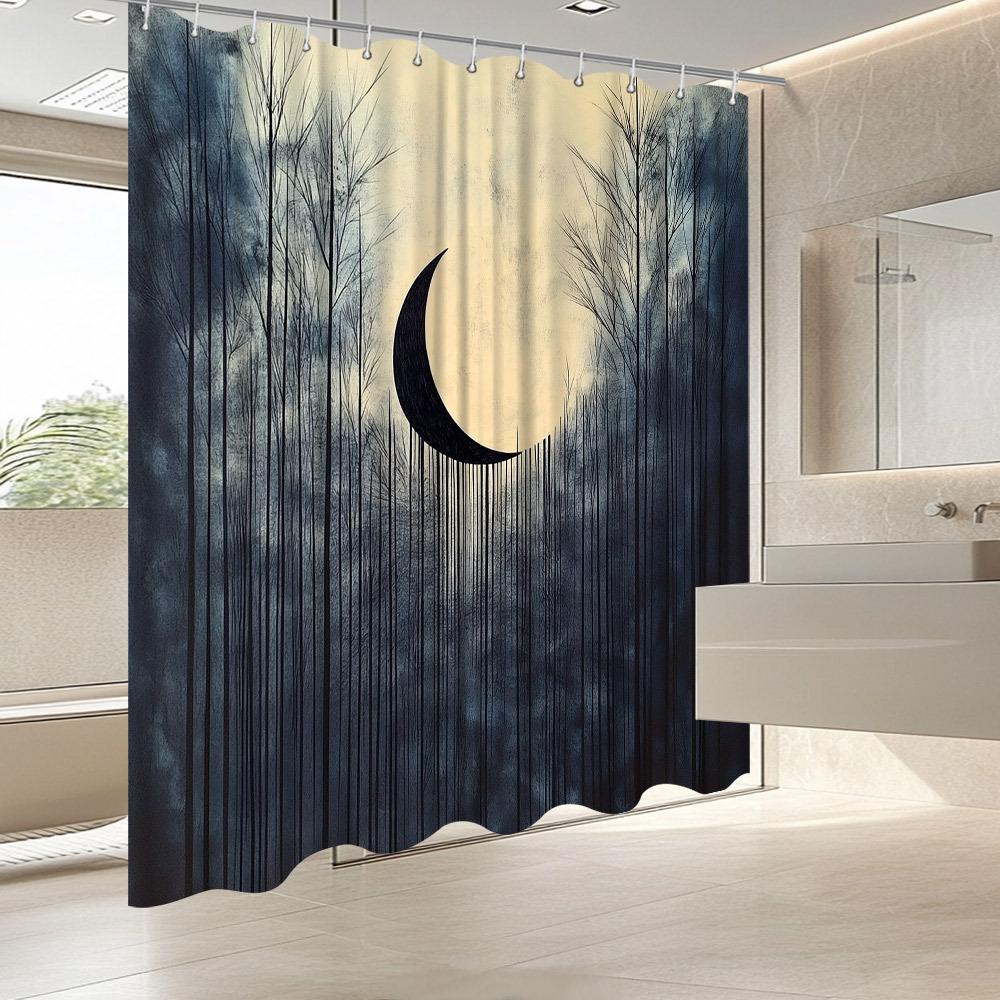 Monochromatic Forest & Crescent Moon Shower Curtain - Haunting Bare Trees Design, Stylish Bathroom Decor
