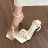 Creamy Rose Women's Sandals 2026 Summer New Style One-Row Square Head Fine Heel High Shoes Microfiber Face Rubber Sole