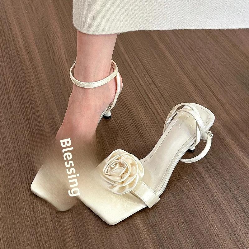Creamy Rose Women's Sandals 2026 Summer New Style One-Row Square Head Fine Heel High Shoes Microfiber Face Rubber Sole