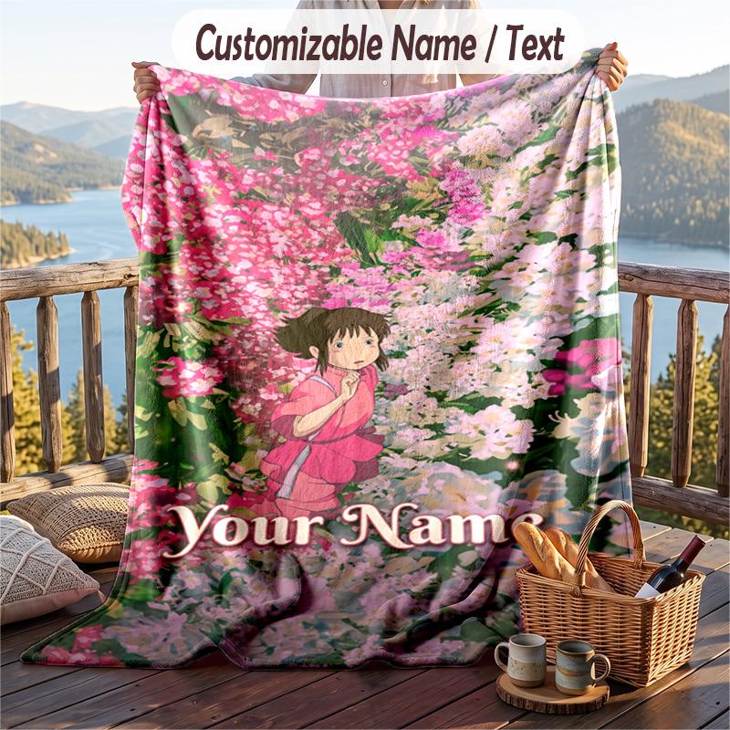 Custom Text Flannel Throw Blanket, Lightweight Cozy Bed Sofa BlanketSpirited Away