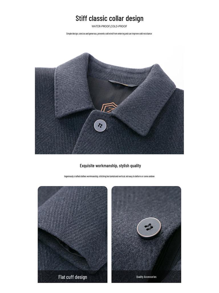 Men's Double-Sided Cashmere Wool Coat with Goose Down Liner - Business Casual Windbreaker for Middle-Aged Dads.