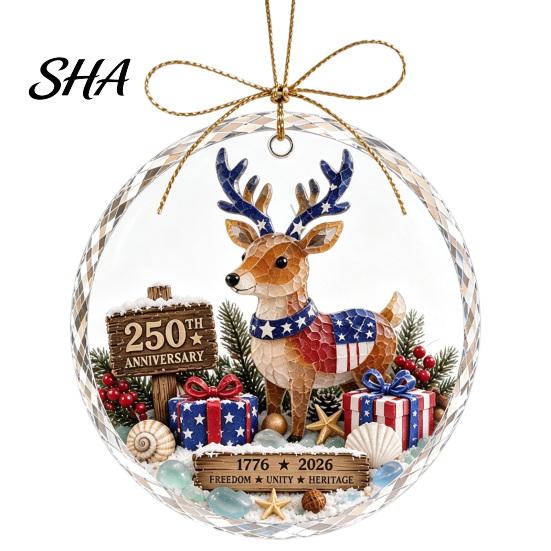 Crystal Texture Gift Tag 250 Anniversary USA Sea Glass Christmas Ornament, 1776-2026 Patriotic Faux Red Blue Festive Accents Clear Keepsake,