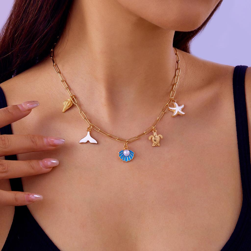 New Trendy Shell Starfish Conch Pendant Necklace for Women Minimalist Imitation Pearl Chain Necklace Summer Beach Party Jewelry