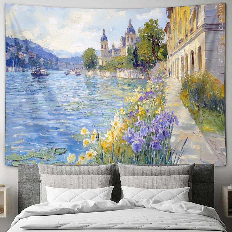 River Landscape Floral Bridge Cityscape Wall Tapestry Machine Washable All Season Decor Print Impressionist Nature Design Home