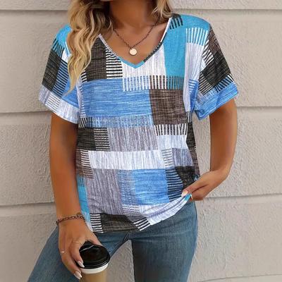 Neues lässiges vielseitiges Blockmuster 3D-Druck Damen Kurzarm V-Ausschnitt T-Shirt