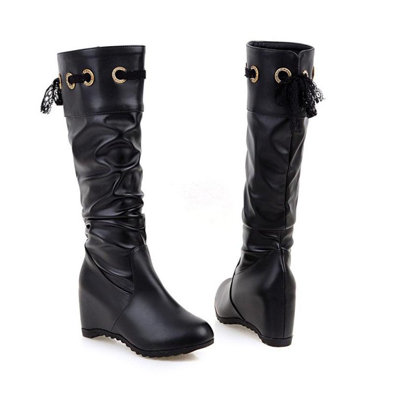 Autumn Winter Fashion Boots for Woman Elevator Shoes Women Round Toe Lace-up Knee High Boots bottes femmes Large Size WSH5432