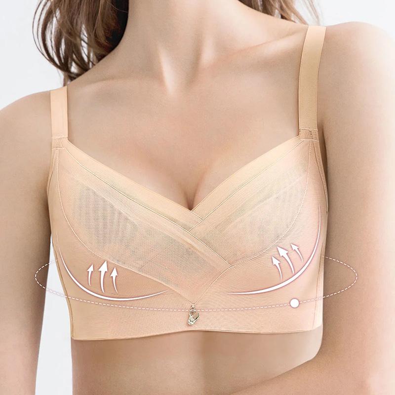Women's Thin Sexy Bra Lace Mesh Deep V Gather Adjustment Type Underwear Female Large Size Bra Full Cup Thin Underwear Brassiere Without Steel Ring