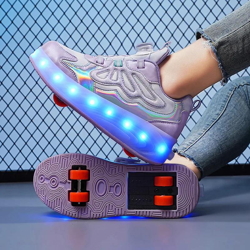 LED Speed Roller Skates for Children Racing Ice Skating Sneaker with Wheels NEW 4 Wheels Roller Skates Shoes for Boys and Girls