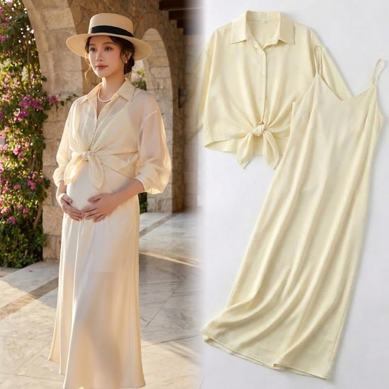 2026 Trendy French Maternity Set: Loose Shirt & Camisole Long Skirt
