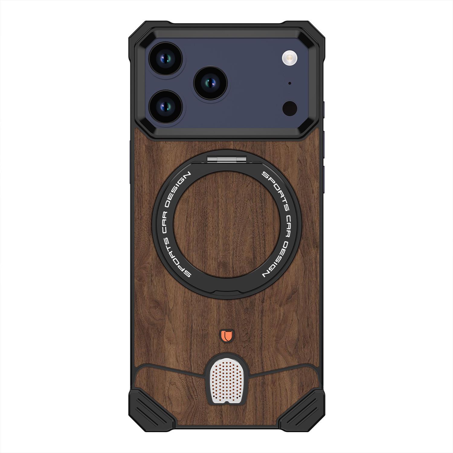 

iPhone 17 Pro Walnut Wood Supercar Design Case - Metal Snap Closure, Heat Dissipation, Rotating Bracket, Protective Cover iPhone 17 Pro