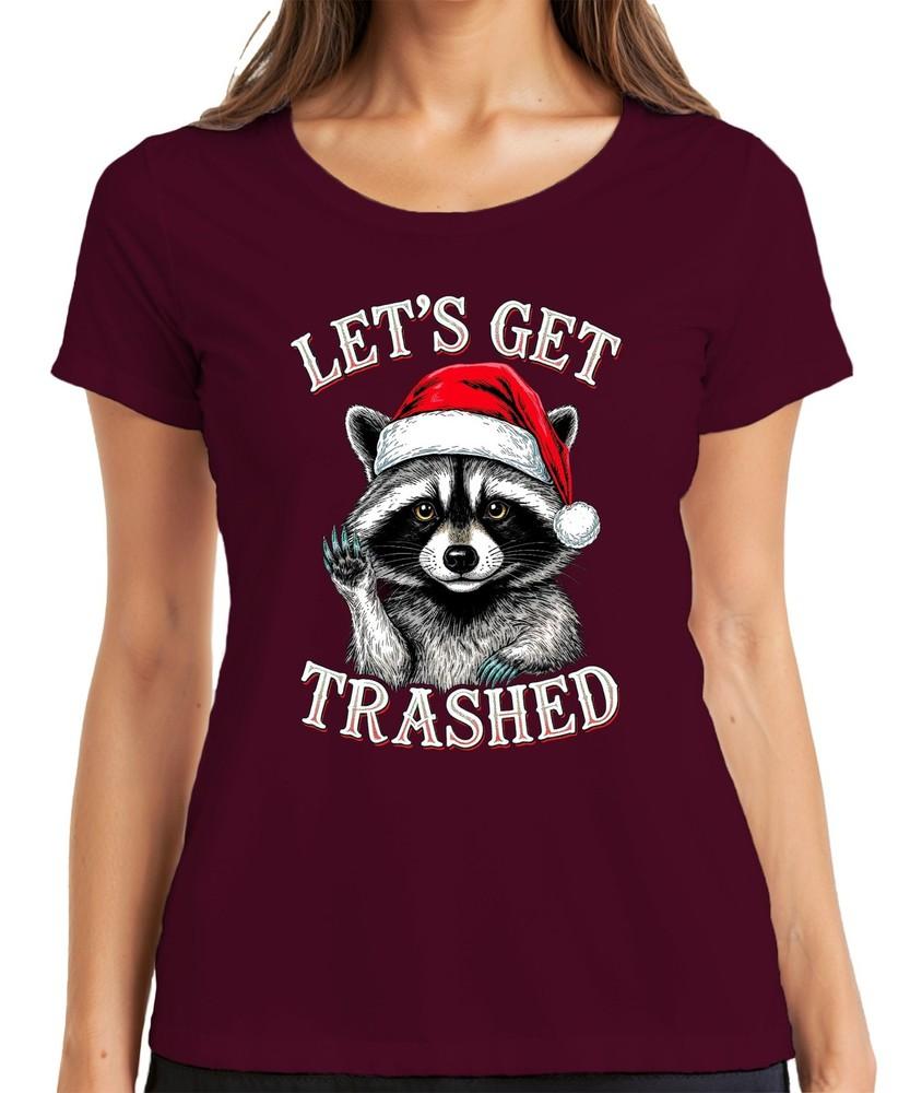 Lets Get Trashed Christmas Raccoon Santa Hat Party Funny Ladies Tshirt
