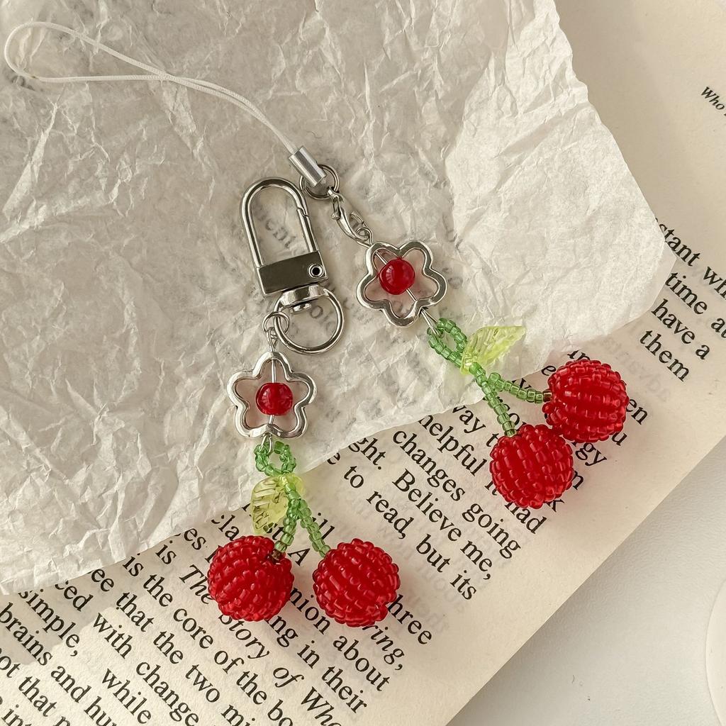 Minimalist Cute Cherry Phone Charm Strap Handmade Beaded Delicate Bag Keychain Lanyard For Airpods