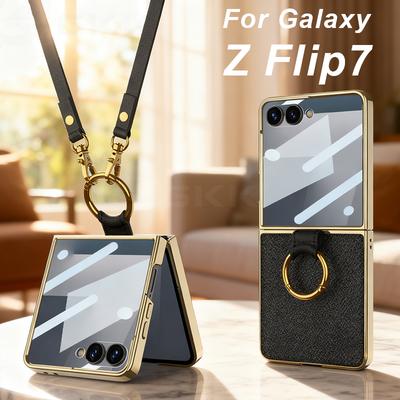 Luxus-Galvanik-Lederarmband-Hülle für Samsung Galaxy Z Flip 7 6 Rückbildschirm-Glas-Ringhalter Harte Abdeckung für Galaxy Z Flip7 Hülle